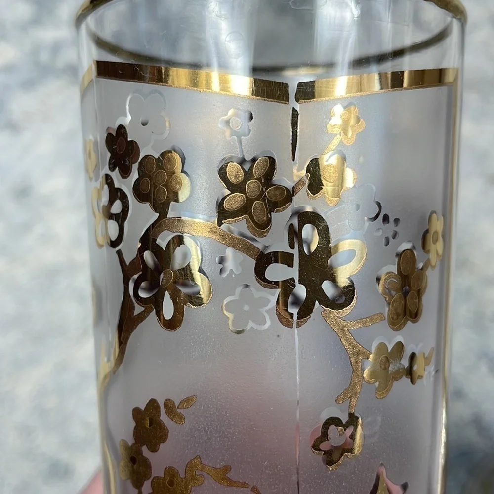 Asian Gold Leaf Frosted High Ball Glasses Pagoda Lotus Tree Cocktail Set of 2